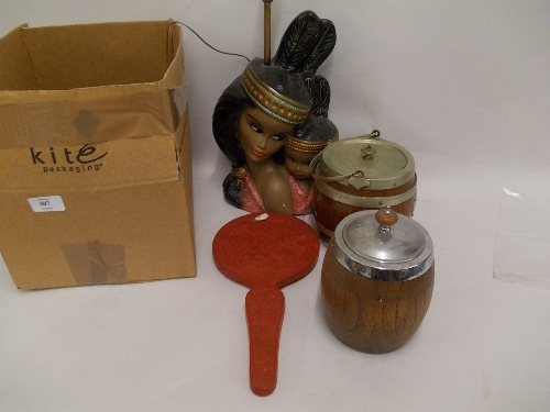 1950's Painted plaster table lamp in the form of Red Indian figures together with two wooden biscuit