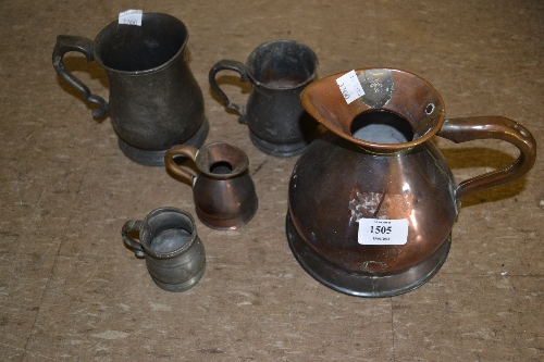 Two 19th Century copper spirit measures together with three pewter tankards