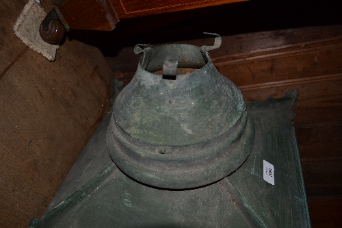 Two antique copper lantern form lamp post heads with brackets