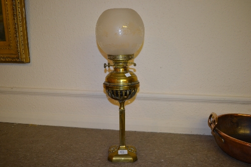 Edwardian brass oil lamp with etched glass shade