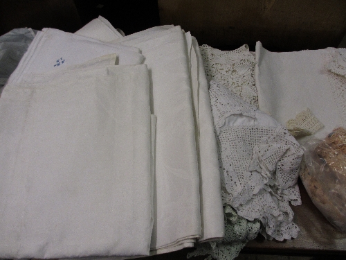 Quantity of various crochet edge embroidered table linen, including damask tablecloths