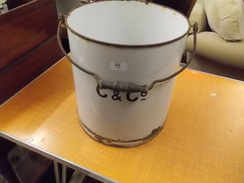 Large early 20th Century enamel bucket with turned wooden and iron handle embossed C. and Co.