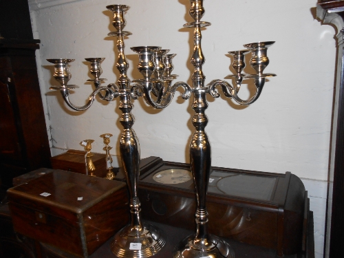 Pair of five light nickel plated floor standing candelabra