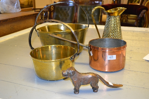 Copper iron handled saucepan, brass jug and two brass preserve pans with iron handles together