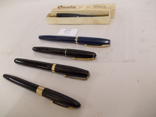Waterman fountain pen with a gold nib, De La Rue fountain pen with gold nib, two Sheaffer fountain