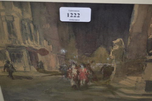 Roland Batchelor, signed watercolour, figures in a street at night, (Bruges), 10ins x 9ins