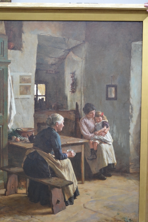 Walter Langley (1852 - 1922), 'Mother Love', oil on canvas, a Newlyn fisherman's cottage interior