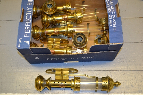 Group of five various reproduction brass G.W.R. carriage lamps