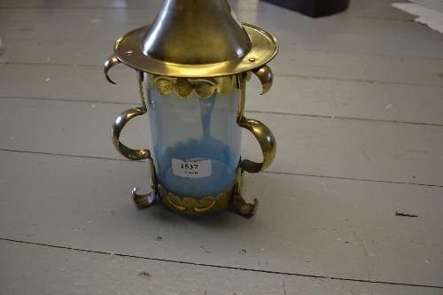 Arts and Crafts brass circular hanging lantern with blue vaseline glass shade, 11.5ins high