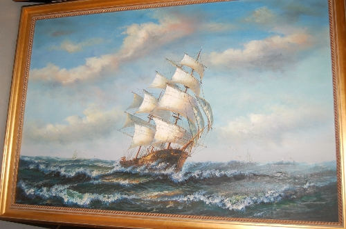 Large 20th Century oil on canvas, a three masted sailing ship in heavy seas, gilt framed