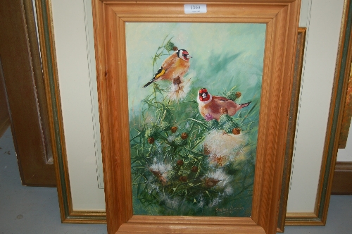 Stephen Cummins, 20th Century oil on canvas, study of finches, signed, 15.5ins x 9.5ins, framed