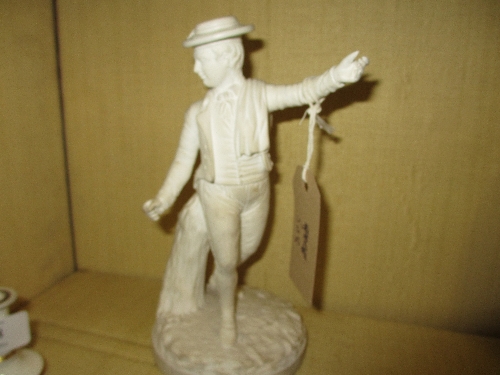Rockingham biscuit figure of a young man wearing a straw boater and waistcoat on a circular