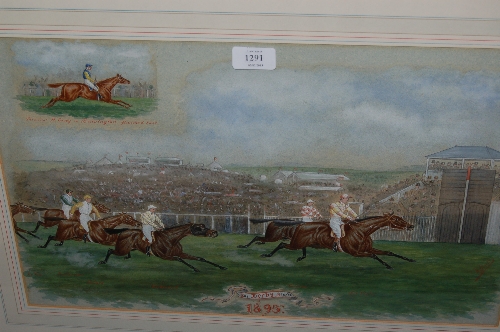 W. Brandt, watercolour, the 1895 Derby Stakes winning post depicting winning horses and last