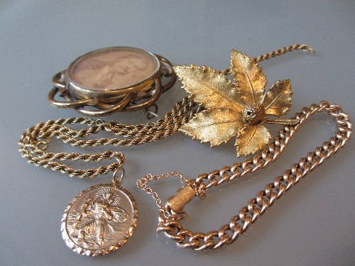 9ct Gold chain with attached St. Christopher, a gold bracelet and two brooches