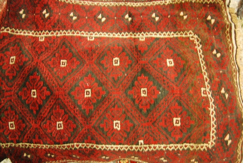 Afghan Belouch rug with all-over stylised design on dark ground with borders