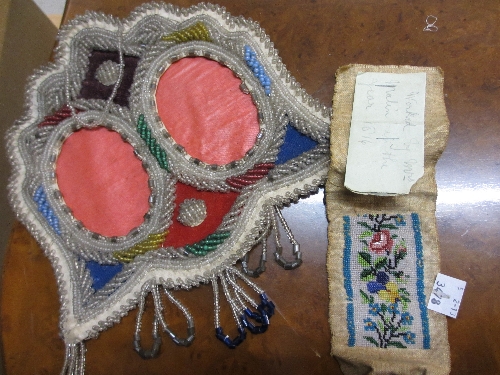 19th Century beadwork two section photograph frame and a small 19th Century beadwork panel