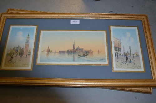 U. Ongania, group of six watercolours, Venetian scenes, signed, housed in two gilt frames