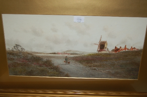 E.B. Lait, watercolour, rural landscape with figures and windmill