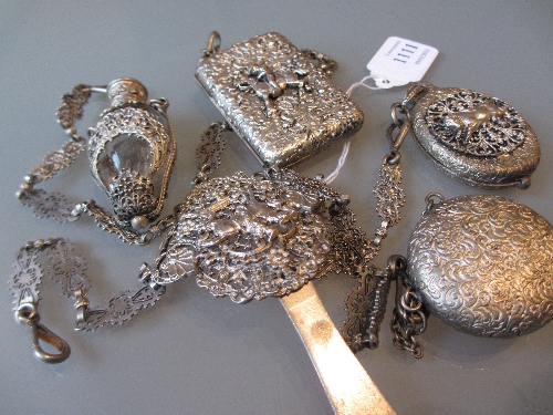 Continental metal chatelaine with boxes notepad, perfume bottle etc
