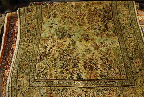 Turkish silk rug having all-over floral and landscape design with birds and multiple borders,