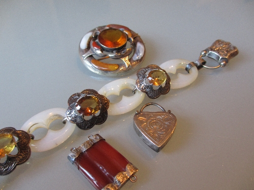 Scottish silver and agate brooch, similar bracelet (a/f) and two other items