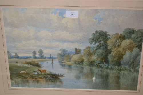 19th Century watercolour, river landscape with cattle and sheep, another watercolour, lake scene and