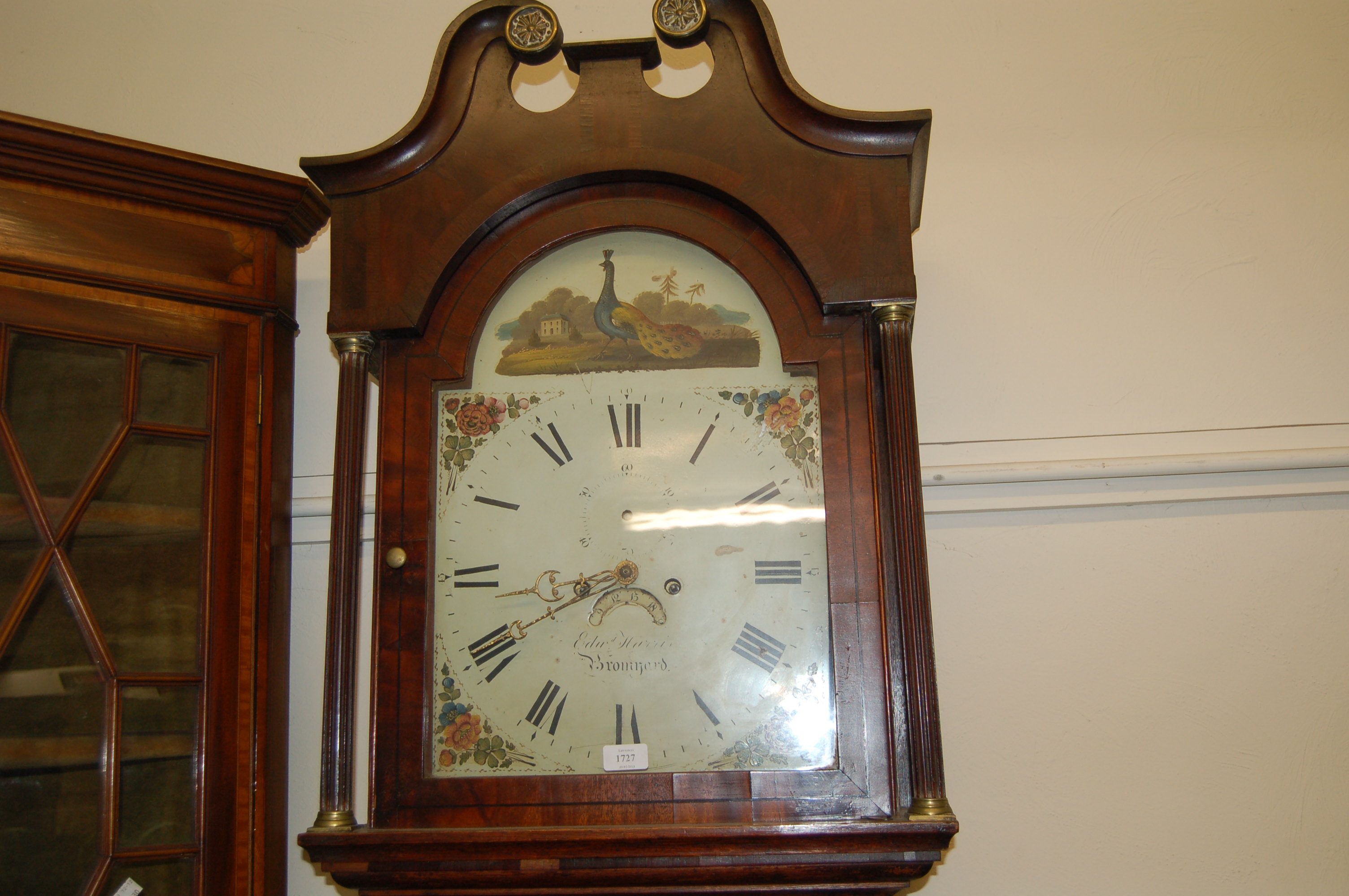 19th Century longcase clock having oak and mahogany broken arch pediment over a painted dial with