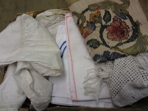 Box containing a quantity of various lace, table linen and Christening gowns etc