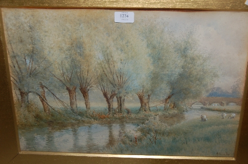 A. Ashdown, watercolour, river landscape with grazing sheep and distant bridge, signed, 13.5ins x