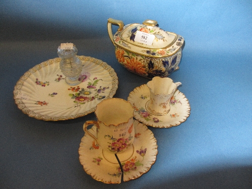 Dresden floral and gilt decorated oval pot and cover, two similar cups, pair of saucers and a floral