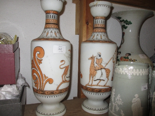 Pair of Victorian white opaque glass vases decorated with classical scenes (one a/f)