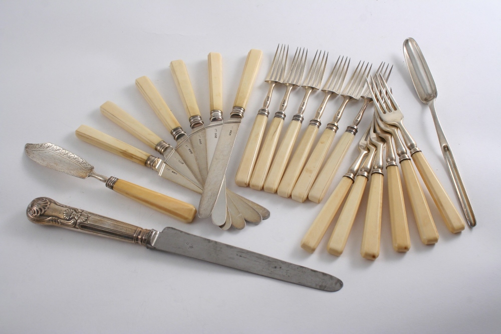 A MIXED LOT: A set of six George III dessert knives & forks with ivory handles by S.W. Peppin,