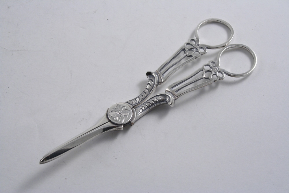 EXETER: A pair of Victorian grape shears with pierced handles by J. Williams & Co., Exeter 1876; 6.