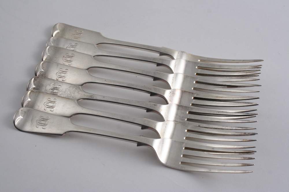 A SET OF SEVEN VICTORIAN FIDDLE PATTERN TABLE FORKS initialled, by Robert Stebbings, London 1895;