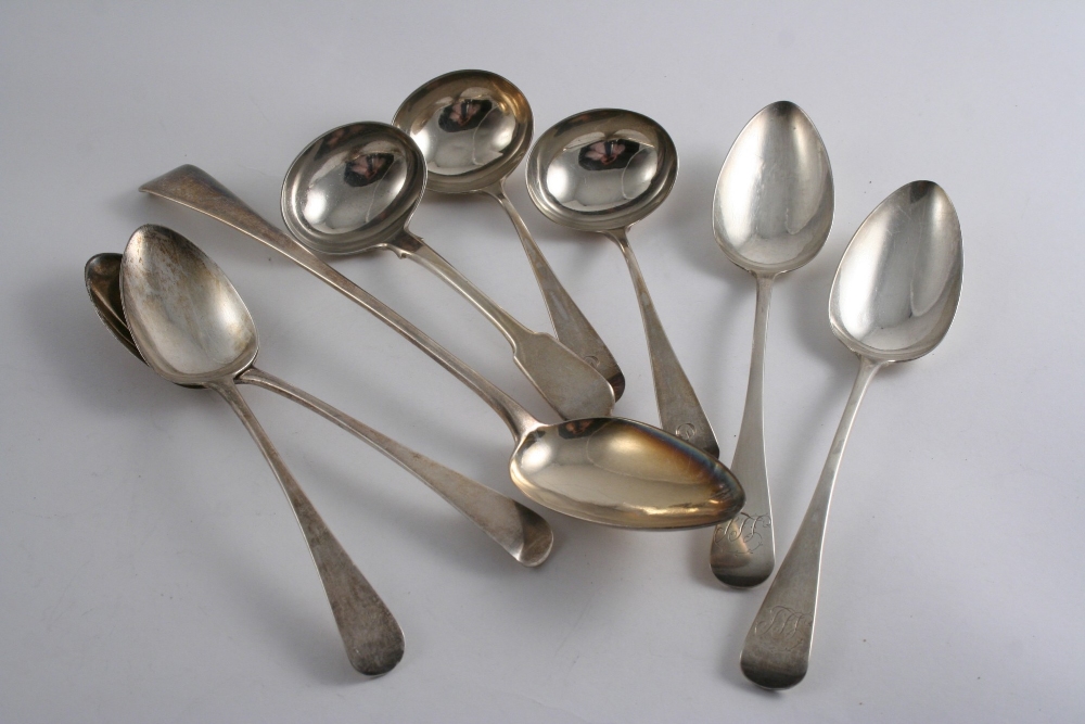 A MIXED LOT: A George III Old English pattern basting spoon by R. Crossley, London 1794, two pairs