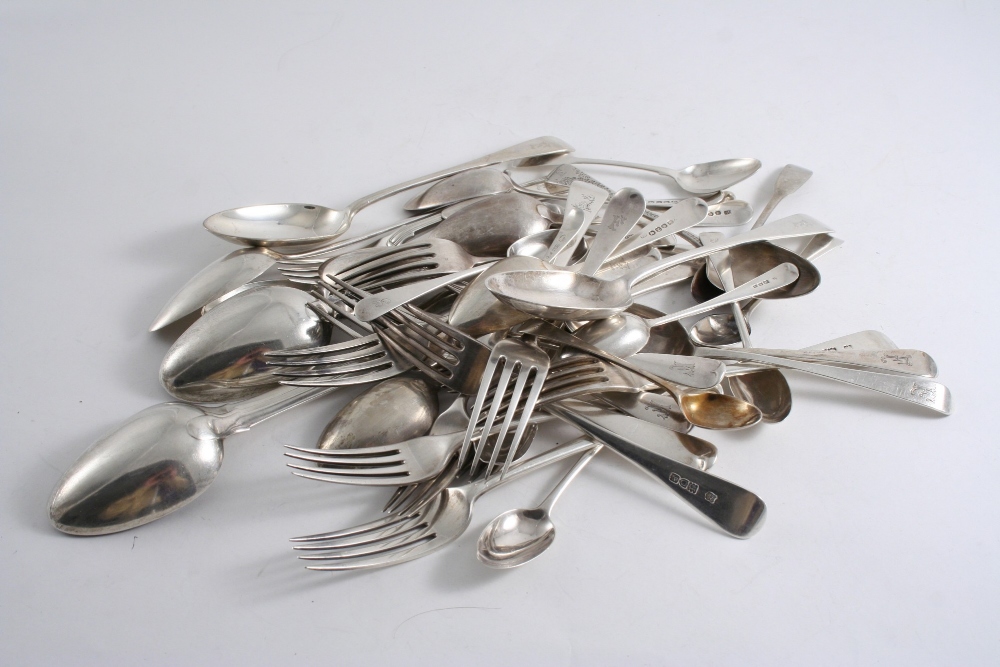 MISCELLANEOUS FLATWARE: Seven various Old English pattern table forks, six dessert forks, ten