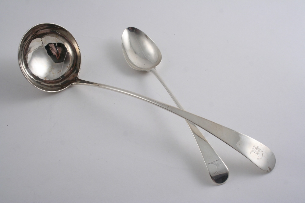 A GEORGE III SCOTTISH SOUP LADLE crested, by Francis Howden, Edinburgh 1806 and a George III Old