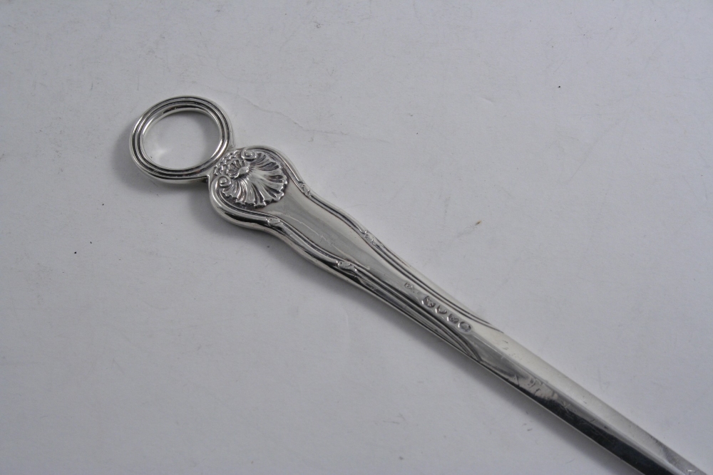 A WILLIAM IV KING`S HUSK PATTERN MEAT SKEWER with a reeded ring terminal, engraved with two small