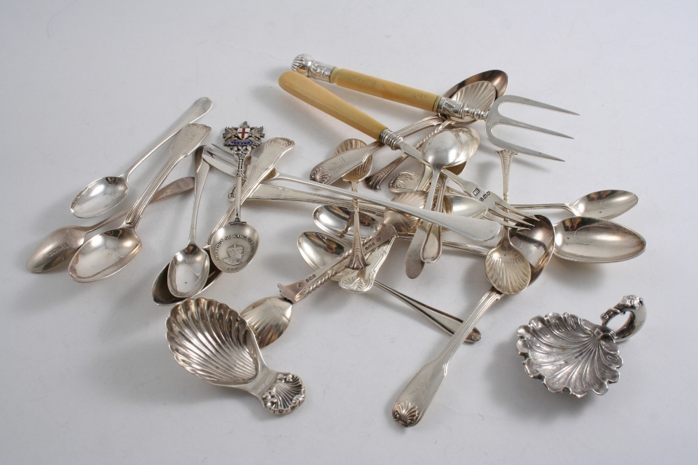A MIXED LOT: A King Edward VIII Coronation tea spoon with enamelled terminal, twenty various other