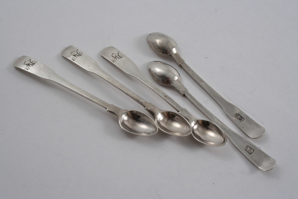 AN INTERESTING SET OF FIVE GEORGE III MINIATURE FIDDLE PATTERN SPOONS, initialled "MC", maker`s mark