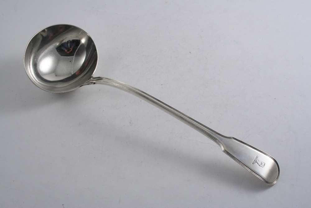 A GEORGE III / IV FIDDLE & THREAD PATTERN SOUP LADLE crested, by Messrs. Eley & Fearn, London