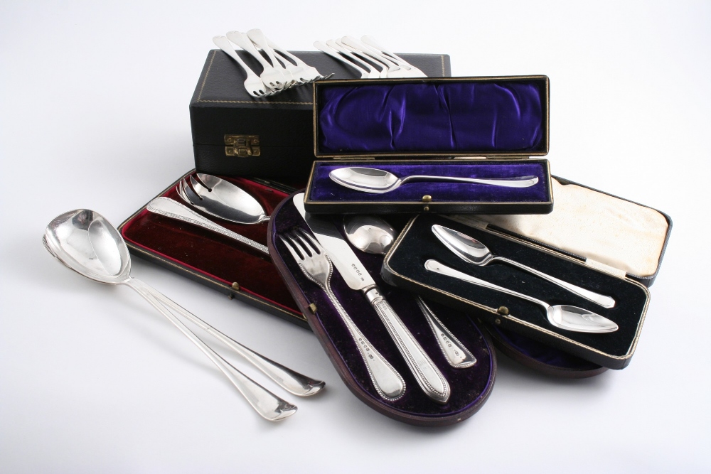 MISCELLANEOUS FLATWARE: A Victorian cased Christening knife, fork & spoon, initialled by George