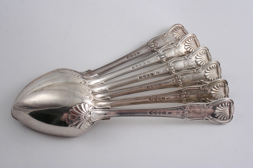 BY PAUL STORR: A set of six George III Hourglass pattern table spoons, crested, London 1811; 20