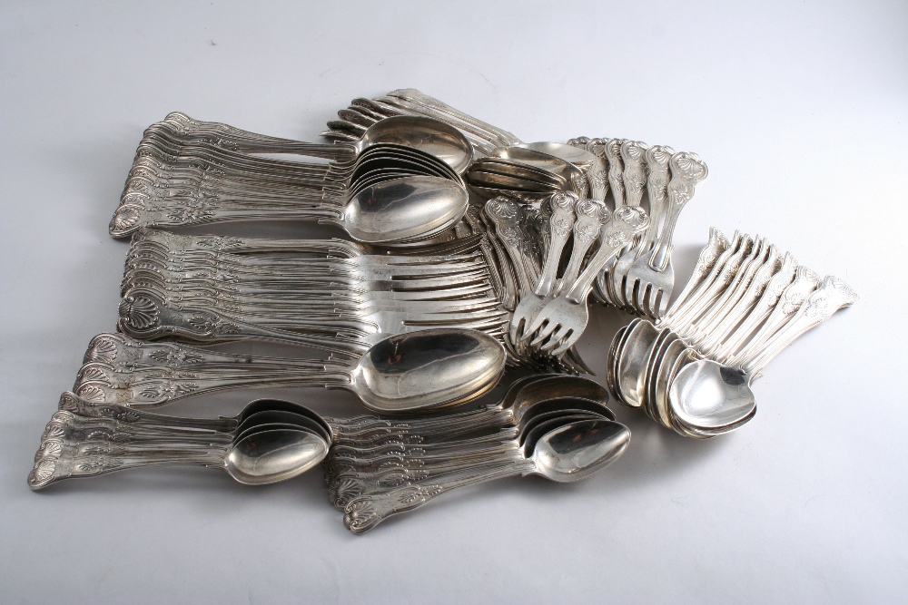 A VICTORIAN CANTEEN OF KING`S PATTERN FLATWARE: seventeen table spoons, eighteen table forks,