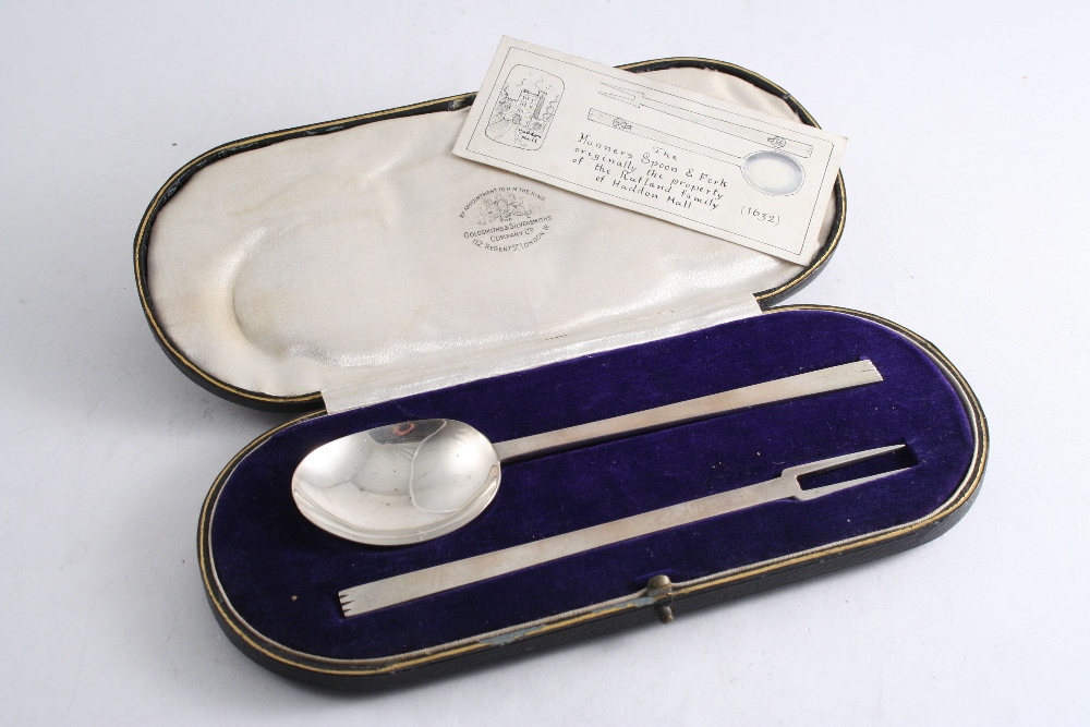 A CASED MODERN NOTCHED PURITAN SPOON & FORK (replicas of the Manner`s spoon & fork made in 1632,