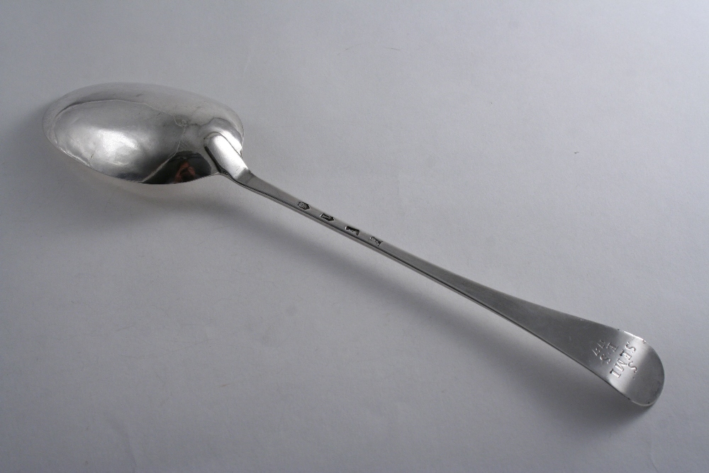 A GEORGE II HANOVERIAN PATTERN BASTING/SERVING SPOON initialled & dated "S" over "SEMI" over "ES"