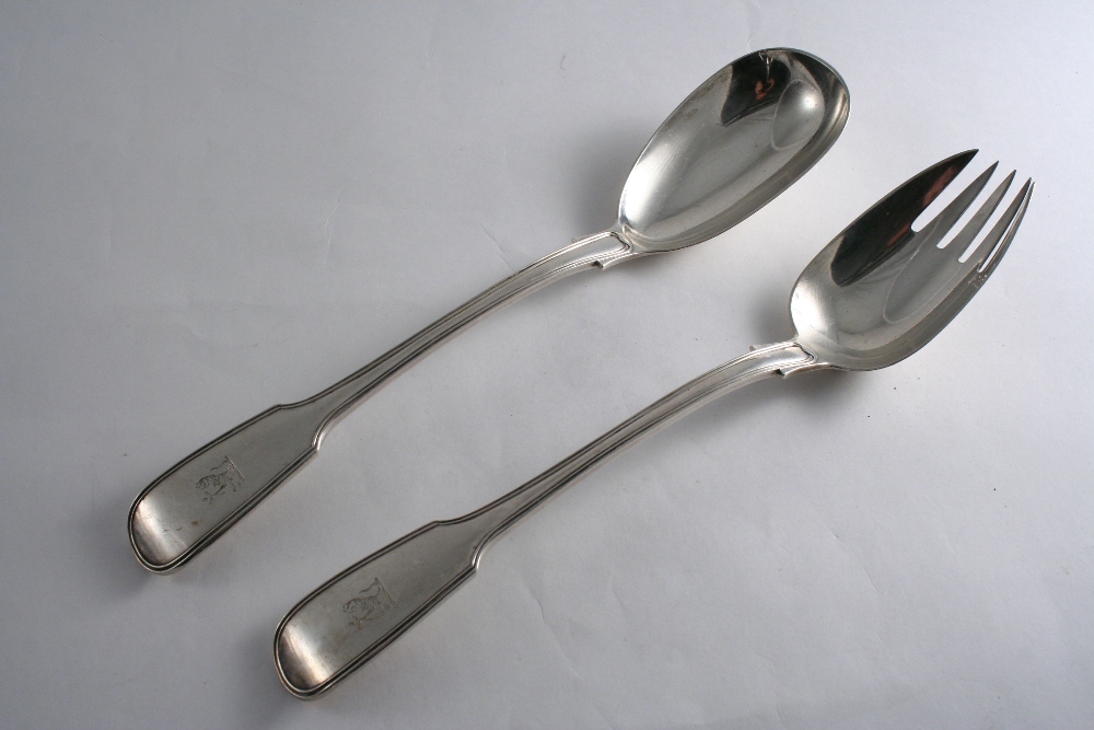 A VICTORIAN FIDDLE & THREAD PATTERN SALAD SERVING SPOON & FORK crested, by Francis Higgins, London