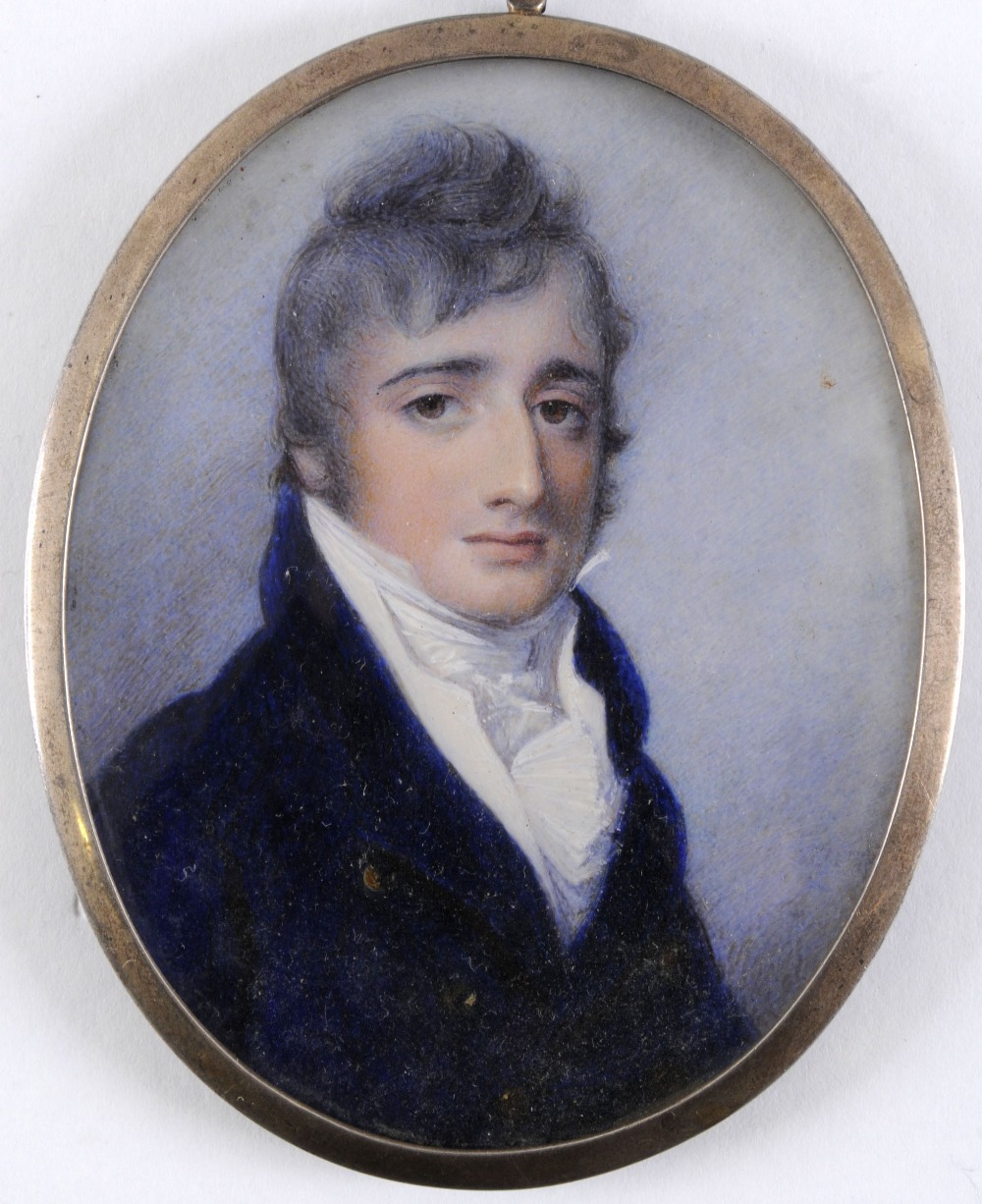CIRCLE OF GEORGE ENGLEHEART Miniature portrait of a young man wearing white stock & blue jacket,