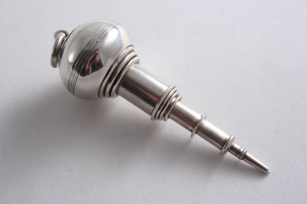 A VICTORIAN NOVELTY TELESCOPIC PENCIL in the form of a plumb bob or spinning top, incuse mark of "W.