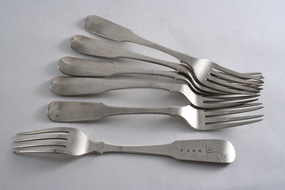 A SET OF SIX EARLY 19TH CENTURY FIDDLE TABLE FORKS crested, maker`s mark only "IT", struck four